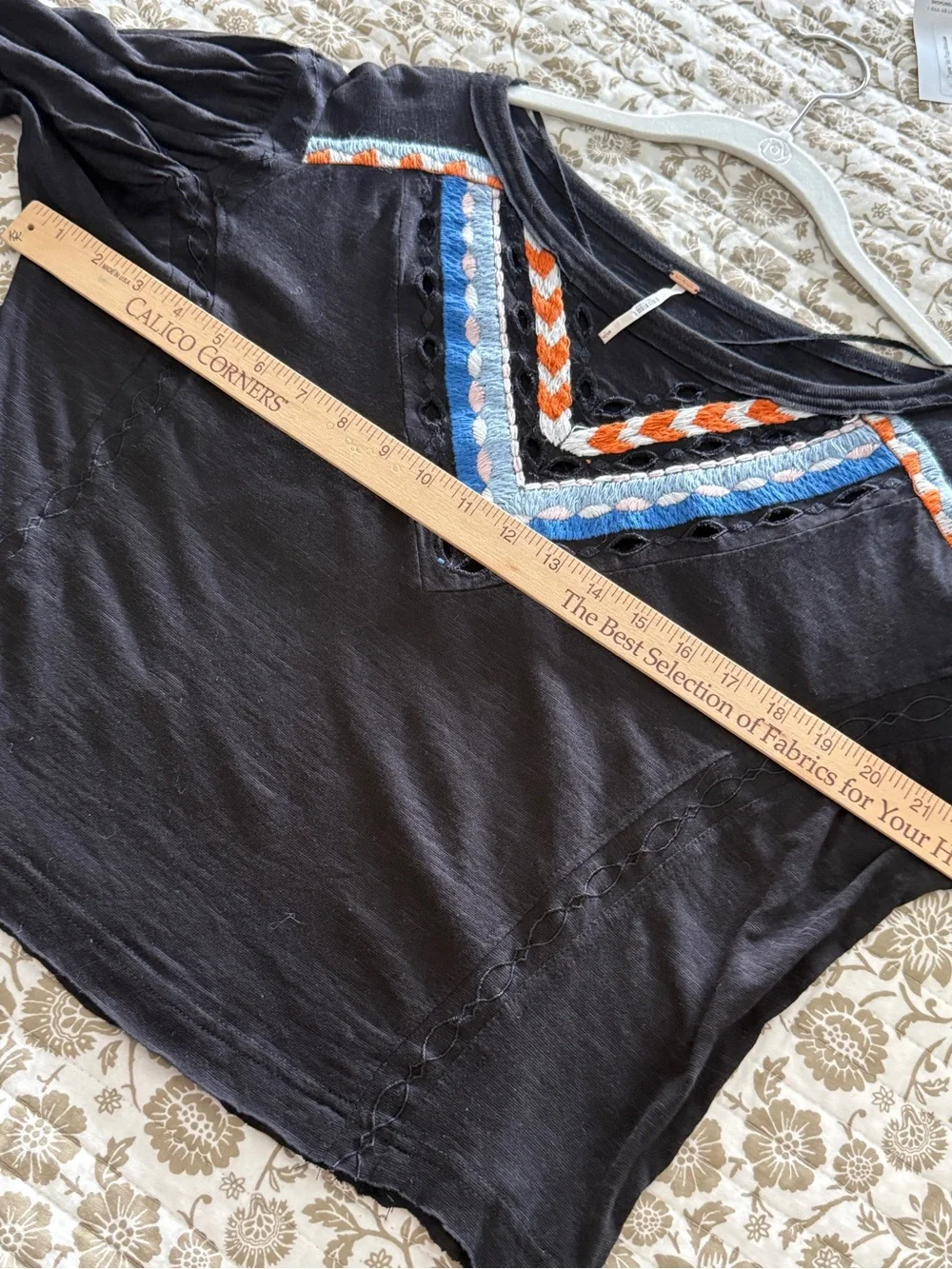 Free People Hand Me Down Boho Embroidered Top Balloon Sleeves Black Size Small